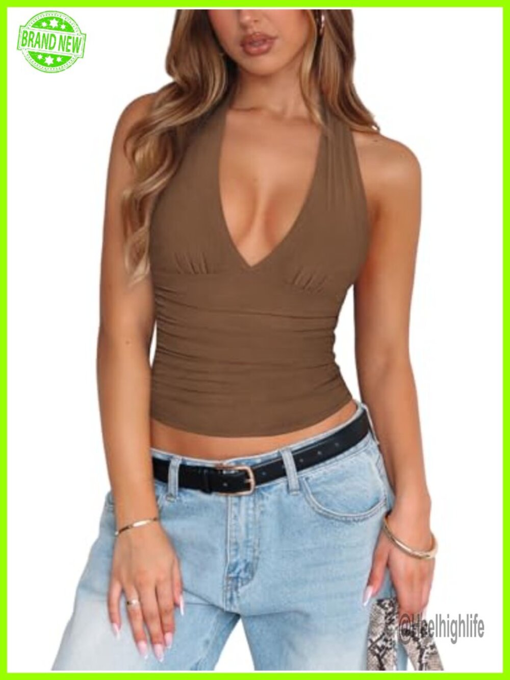 Women's Sexy Halter Crop Top Mesh Deep V Neck Backless Ruched Tie Strap Going